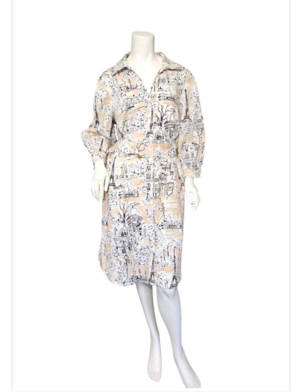 Karl Lagerfeld Paris Print button Shirt Dress Cityscape Belted 3/4 Sleeve